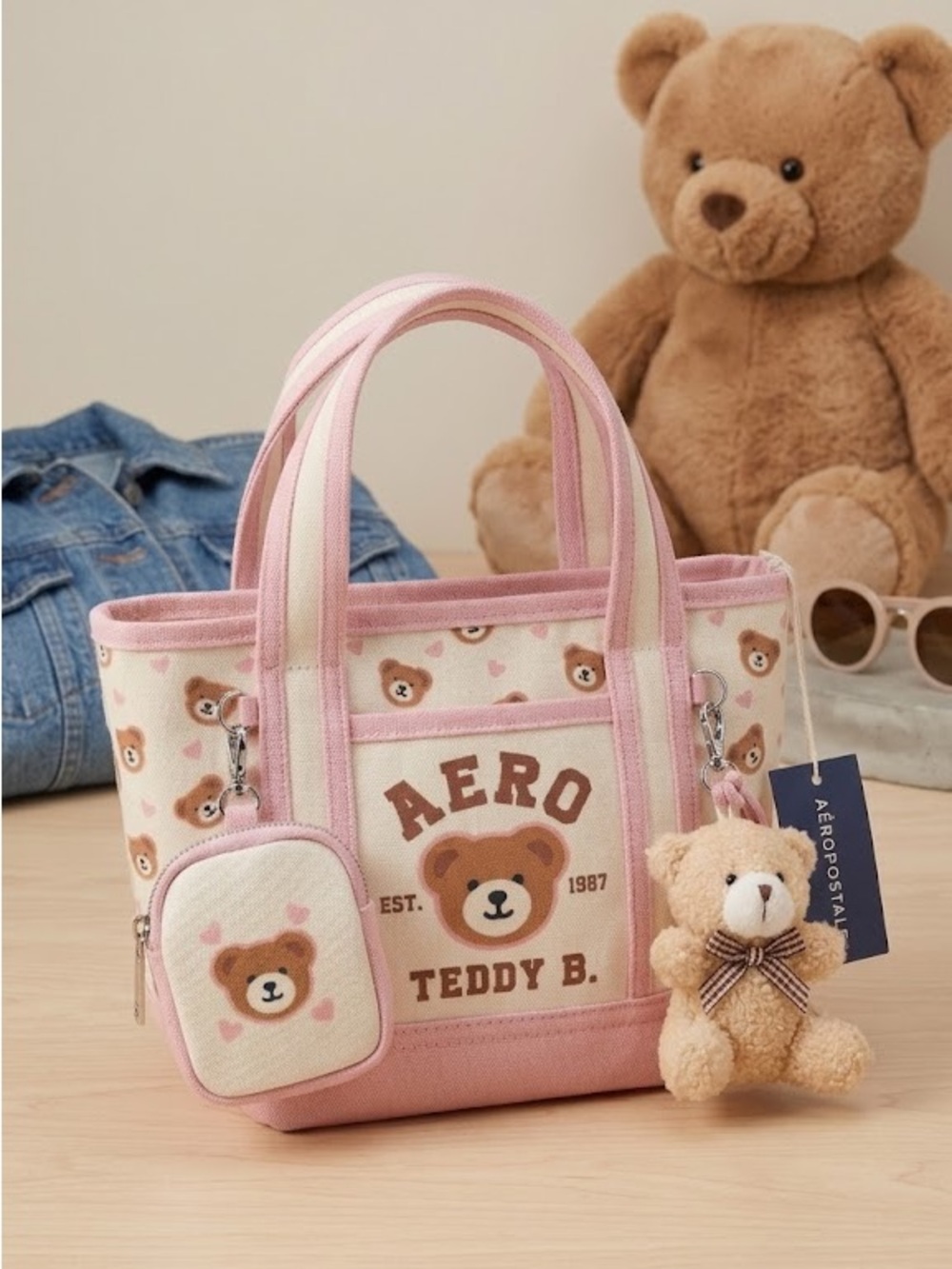 Aeropostale Pink and Brown Teddy Mini Tote with Plush Charm & coin purse nwt